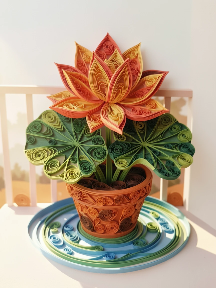 a single blooming lotus flower on still water, in a terracotta pot on a sunny balcony, arranged asymmetrically for a natural, organic feel, in a rich gradient of coral, gold, and green.