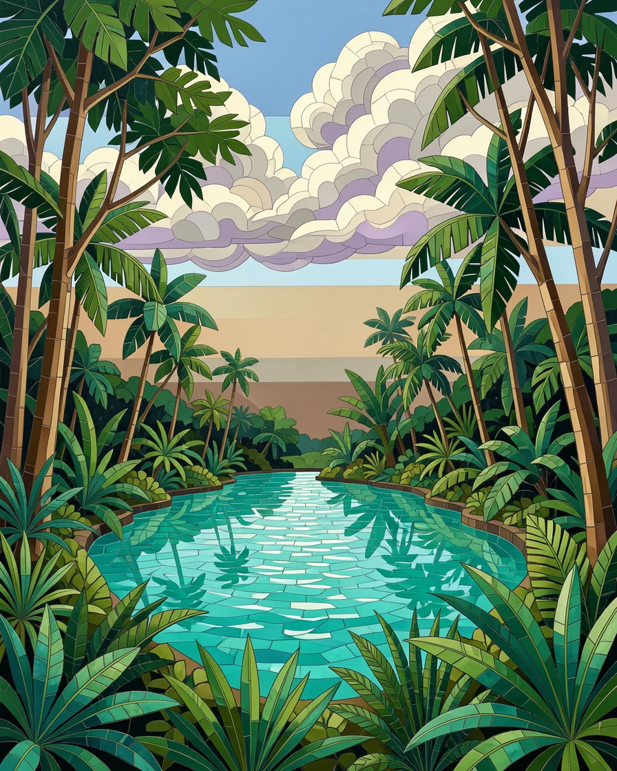 A wide panoramic view of a hidden turquoise lagoon surrounded by dense tropical jungle, with dramatic clouds and rich natural color.