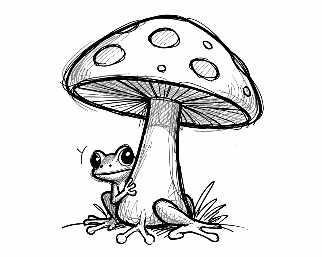 A tiny frog peeking from behind a mushroom.