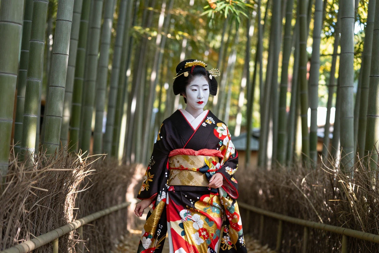 A geisha walking through a bamboo grove in Kyoto