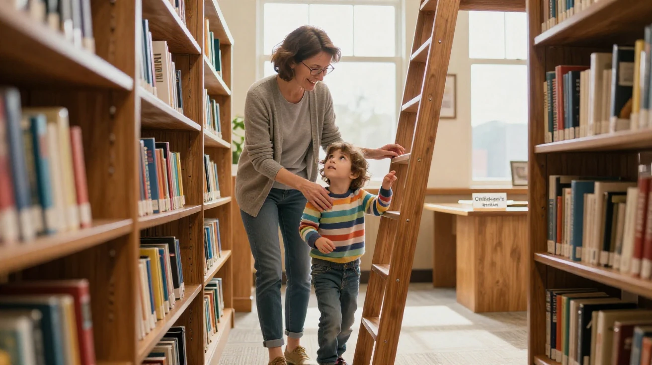 A librarian helps a curious child find a book on a tall library ladder.