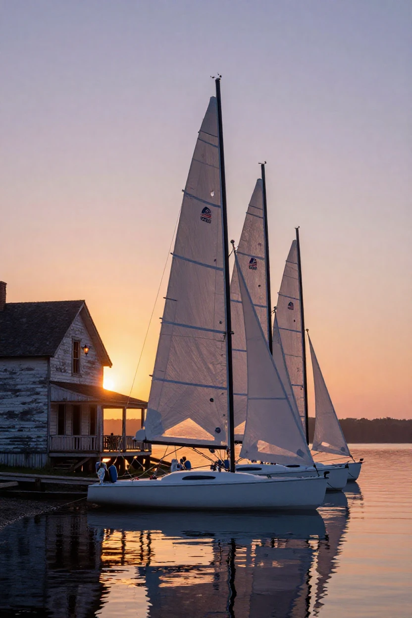 A fleet of racing sailboats parked beside a rustic farmhouse at sunrise