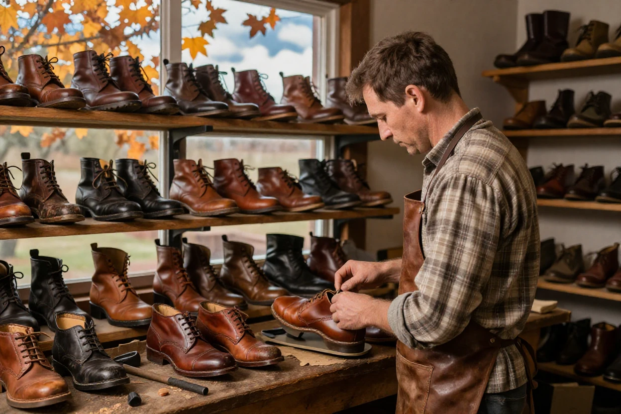 A cobbler's workshop lined with rows of leather shoes, in dappled light filtering through leaves, under scattered clouds, in late autumn, in earthy terracotta and ochre shades, over the shoulder of the main subject.