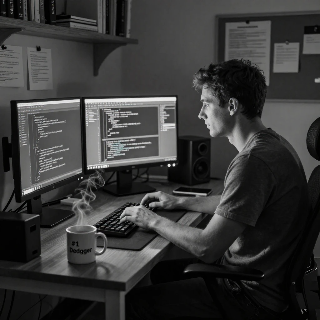 A programmer debugs code late into the night in a quiet home office.