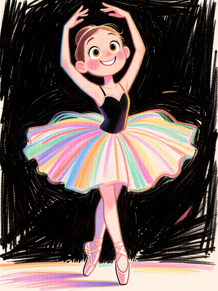 A young ballerina en pointe with an elegant tutu, arms gracefully arched overhead.