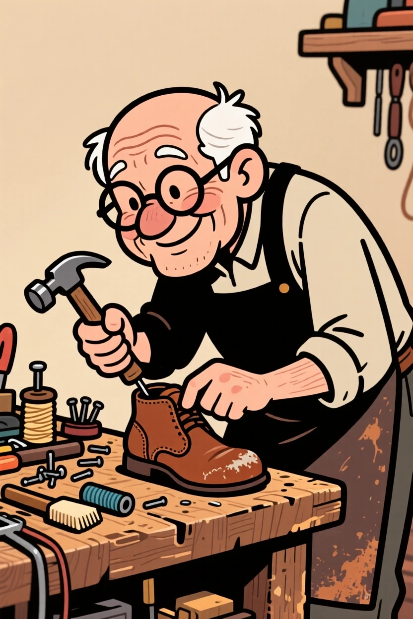 A charming portrait of a gentle old shoemaker hunched over his workbench, glasses perched on his nose, tiny hammer tapping a boot sole.