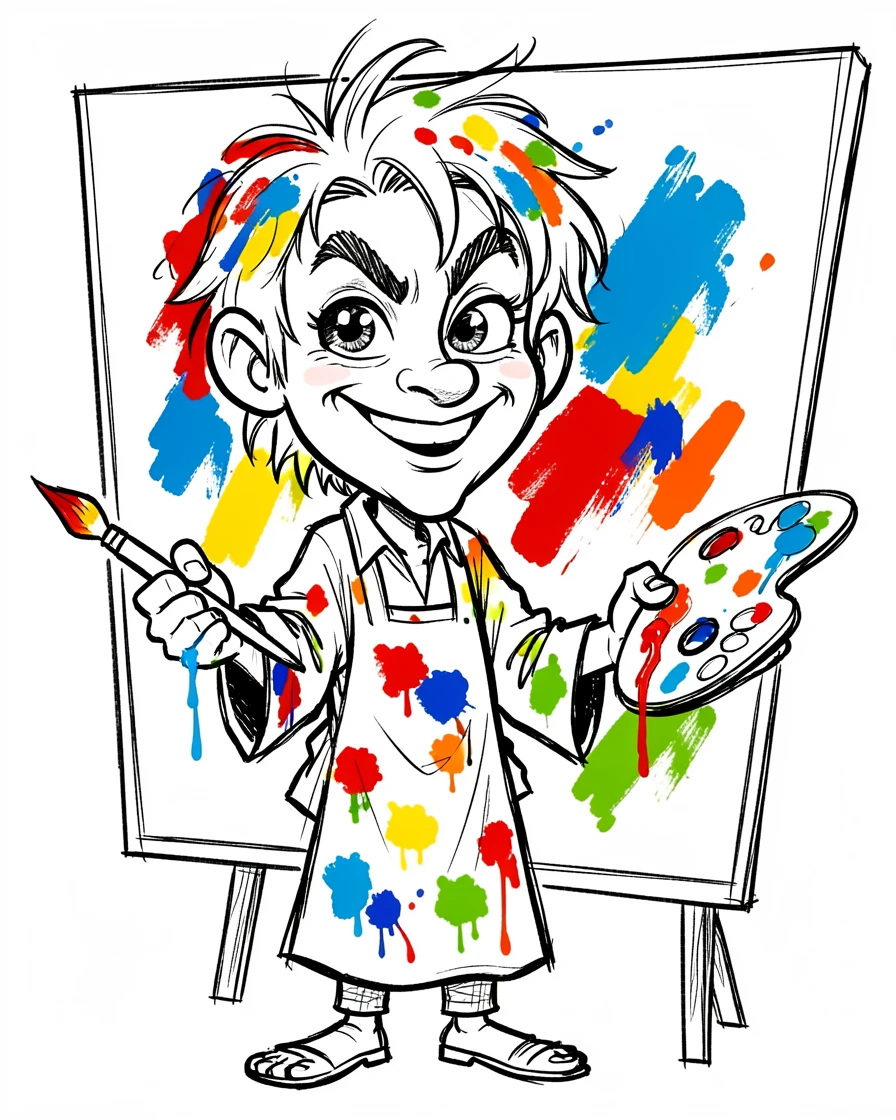 [People Portraits & Characters] Portrait of a passionate painter splattered with color standing before a giant canvas, full of personality and charm