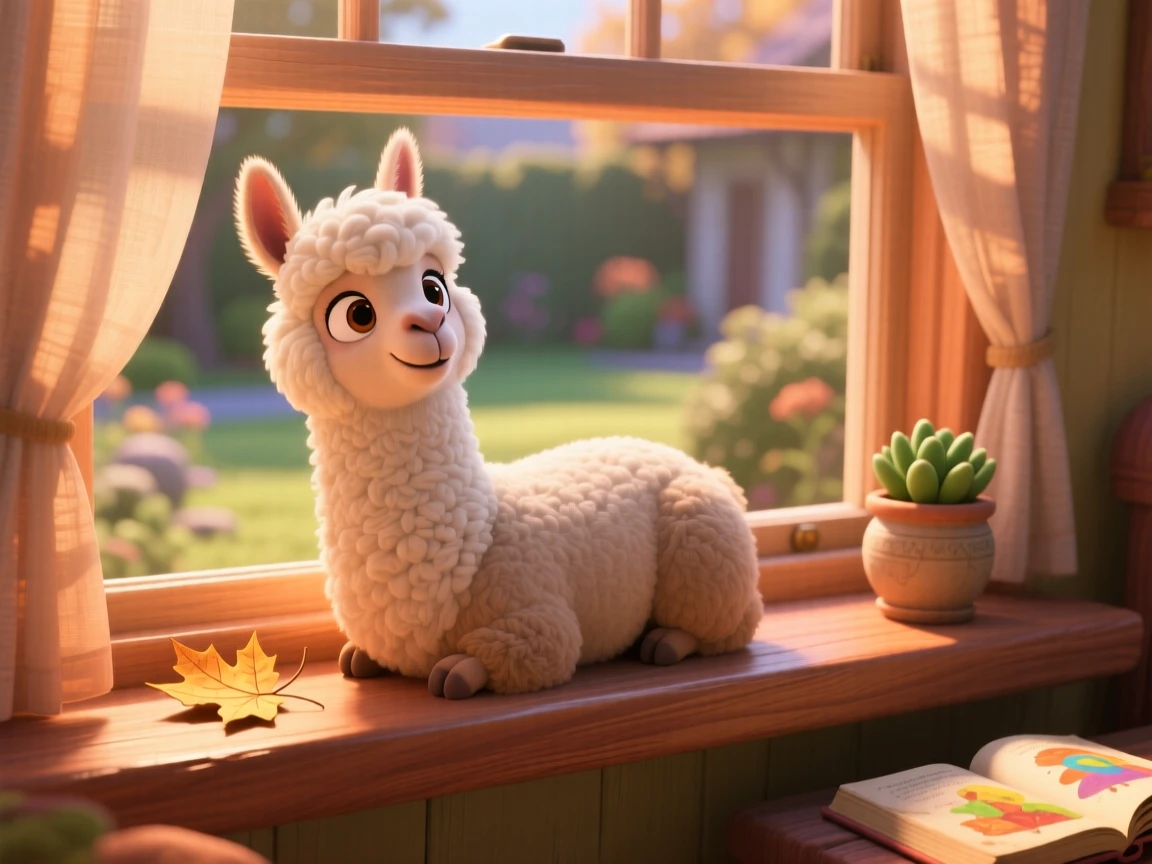A fluffy alpaca is resting on a windowsill in warm afternoon light, tilting its head curiously. Innocent curiosity shines through the moment, with a single fallen leaf beside it.