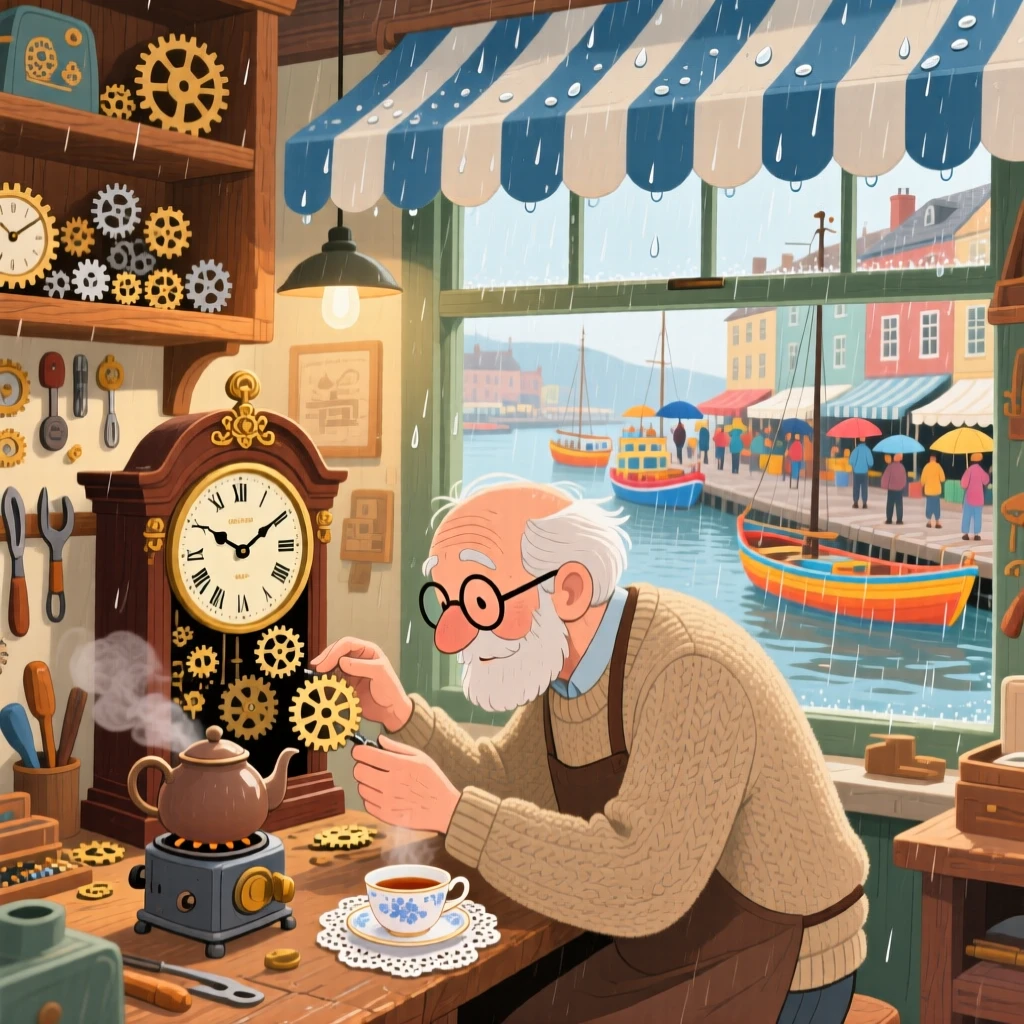 In a bustling harbor town, a clockmaker fixing a tiny gear is busy brewing a pot of tea for the afternoon, with a gentle rain pattering on the awning.