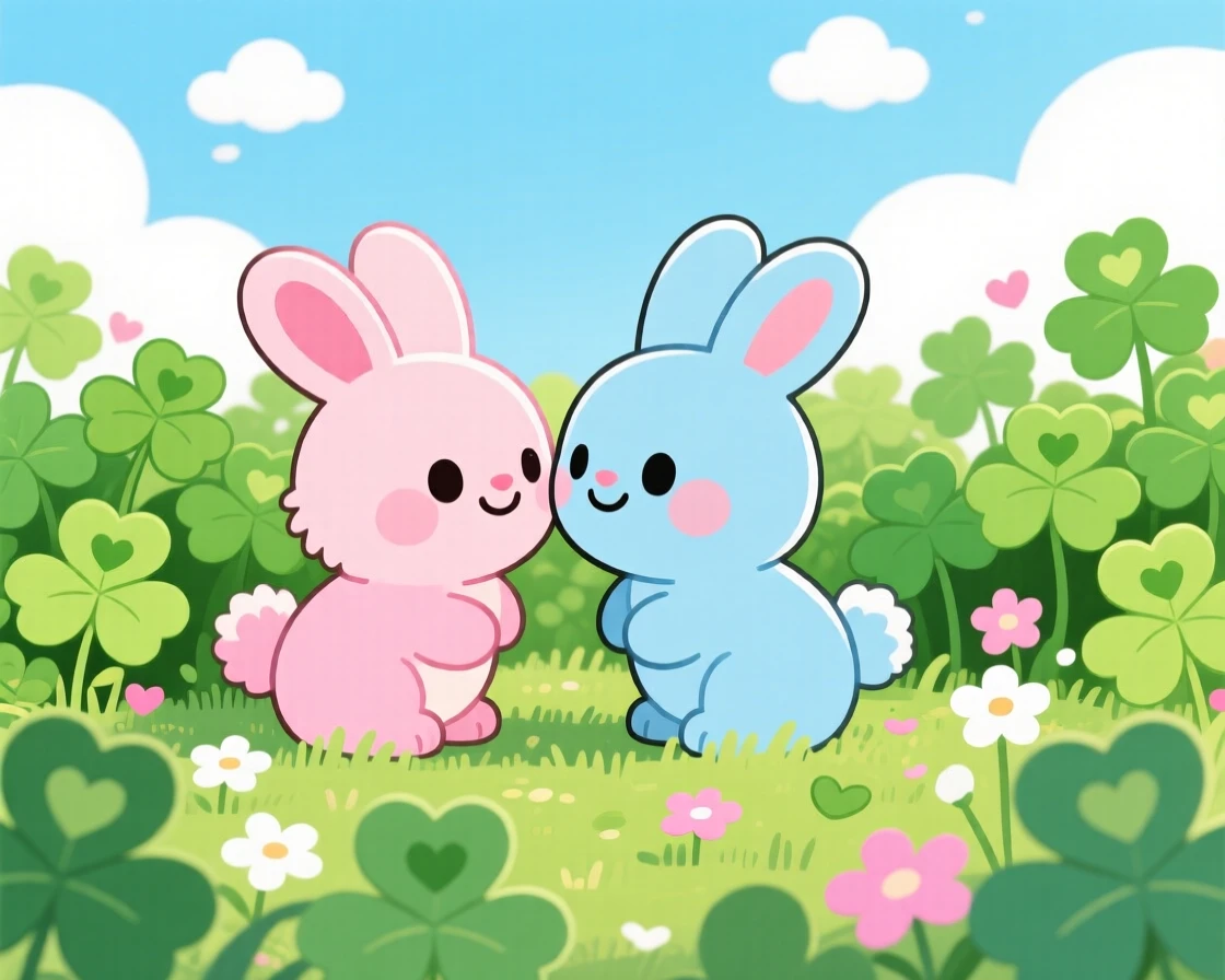 Two bunnies nuzzling noses in a garden full of clover.
