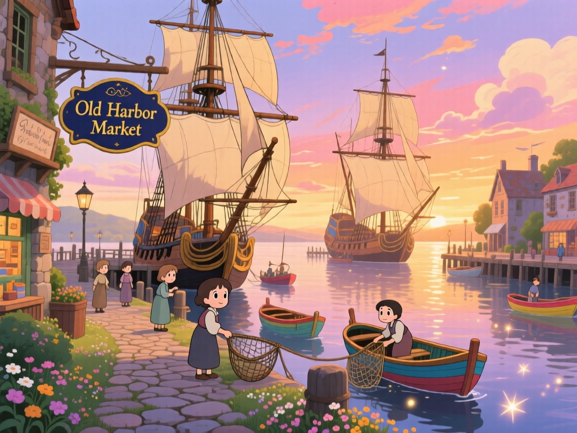 A scenic view of a historic harbor town with tall ships docked at the pier, as fishing boats bob gently in the harbor.