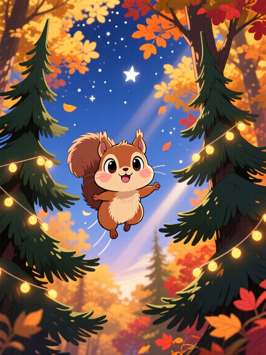 Symmetrical front-on view of a tiny flying squirrel, gliding between two tall pine trees, in a starlit forest canopy, on a crisp autumn afternoon, illuminated by warm fairy-light glow, radiating triumphant pride.
