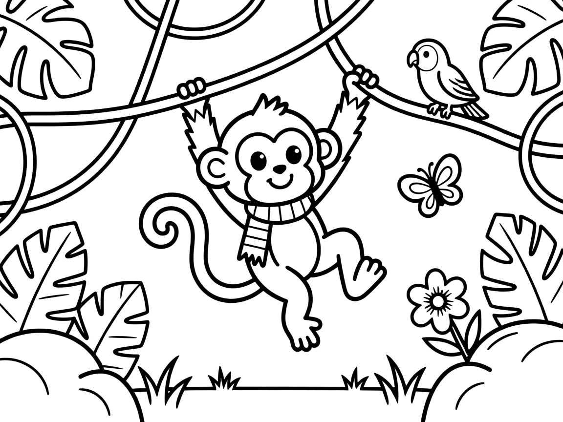 A baby monkey swinging from vine to vine in the jungle