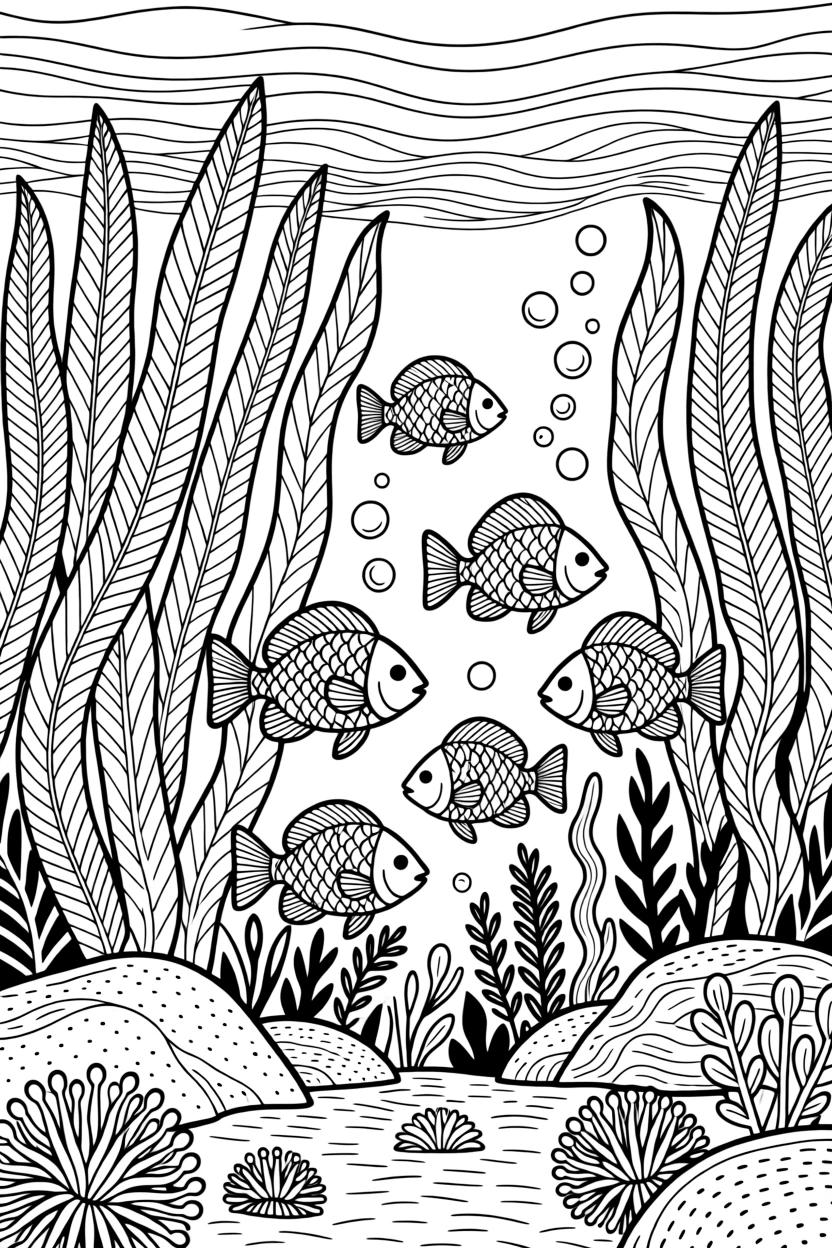 A kelp forest scene with fish weaving between swaying underwater fronds.