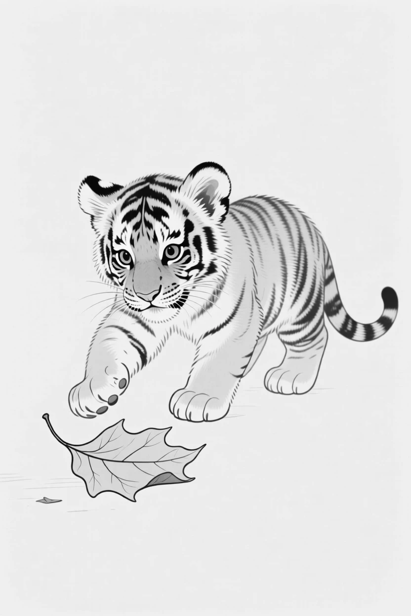 A tiger cub playing with a fallen leaf