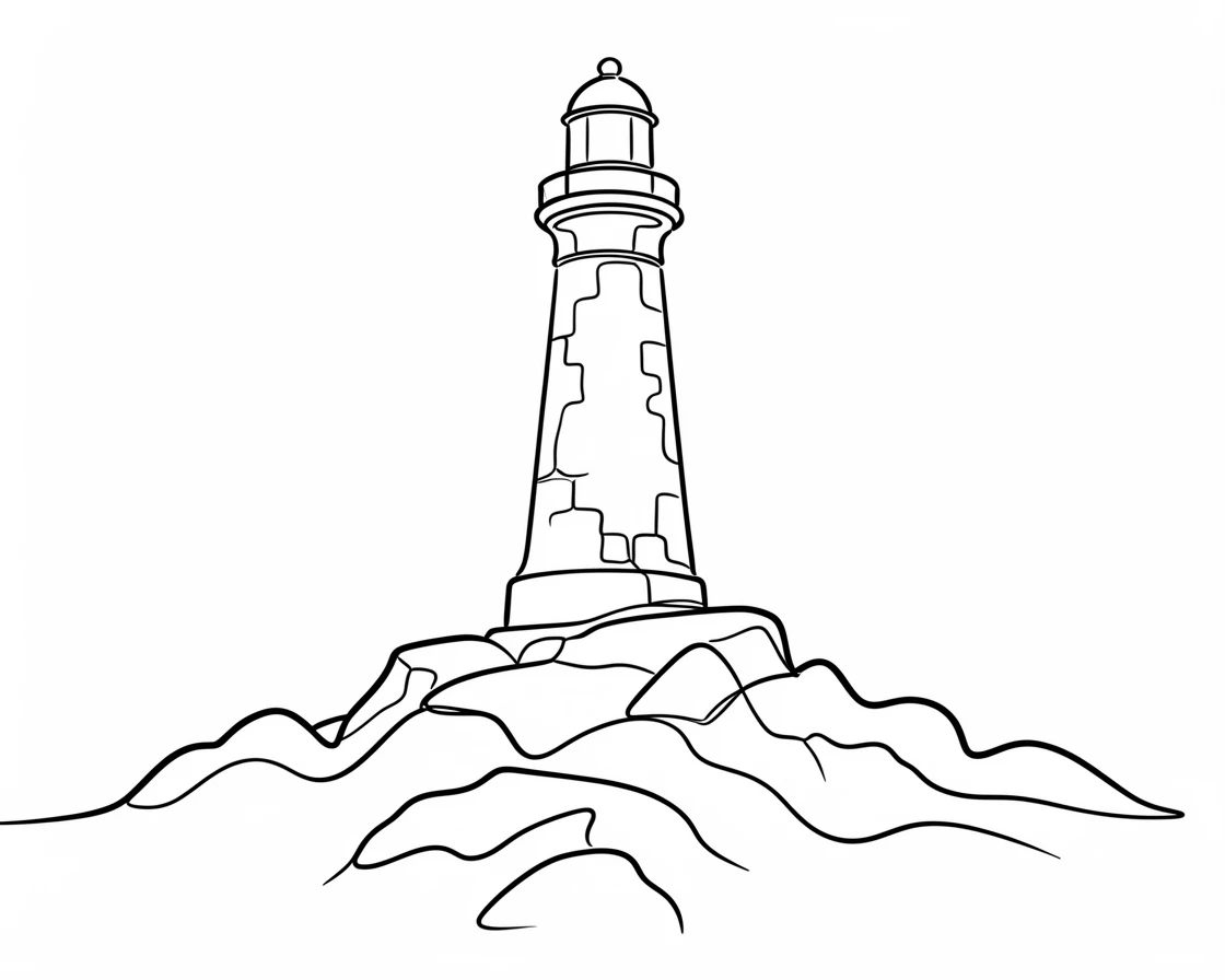 A weathered stone lighthouse standing at the edge of a rocky coastline
