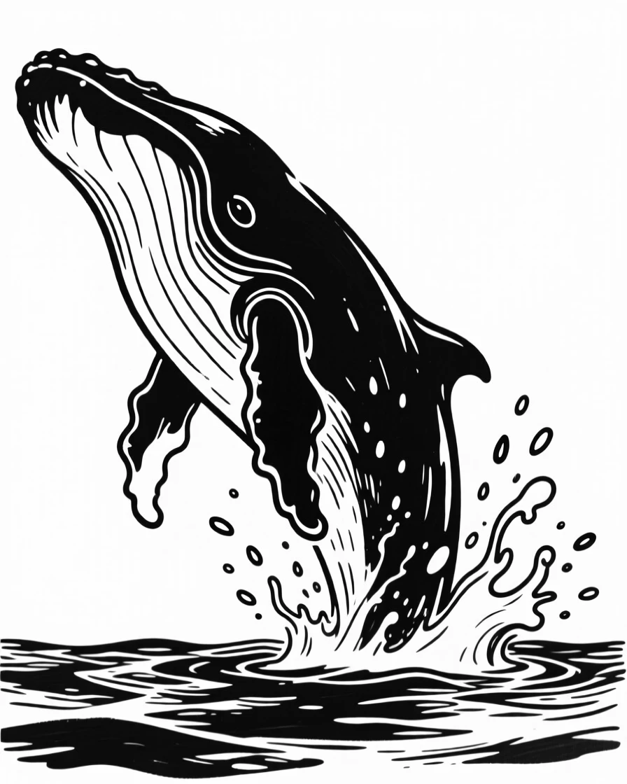 A humpback whale breaching fully out of the ocean, water cascading off its body.
