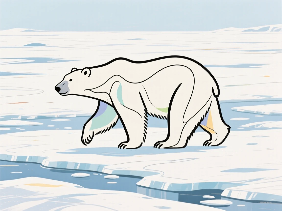 A polar bear walking across a vast field of Arctic ice.