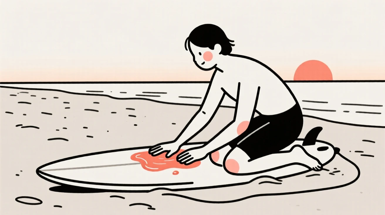 A surfer waxing a board at dawn, looking serene and at peace, on a sandy beach at sunset.
