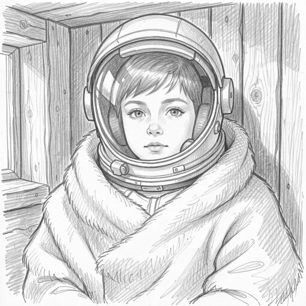 Intimate close-up of a young astronaut inside an old wooden cabin, wrapped in a warm woolen shawl.