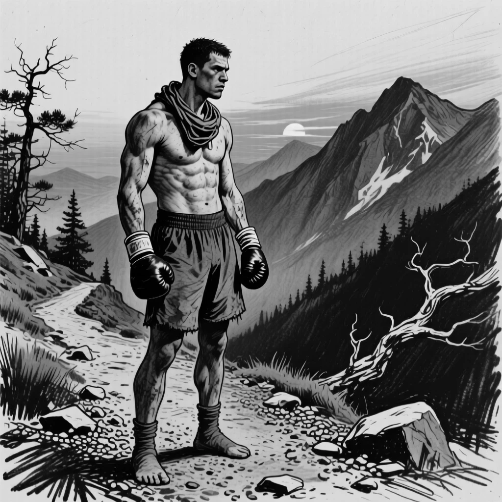 A boxer gazing thoughtfully into the distance at sunset, on a mountain trail.