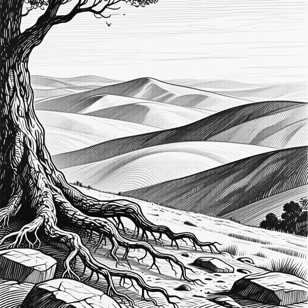 A chain of rolling hills under the soft glow of early morning light, with gnarled roots gripping the rocky soil, evoking a softly romantic atmosphere in a wide, balanced composition.