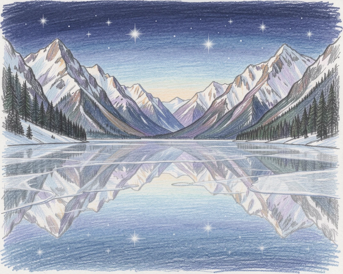 A frozen lake reflecting a ring of snow-capped mountains, beneath a sky scattered with early evening stars, designed to feel like a peaceful escape from everyday life.