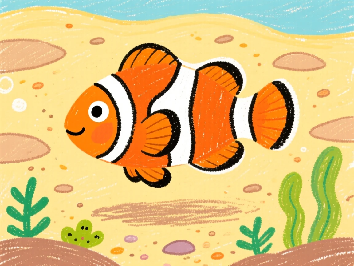 A colorful clownfish floating gently above a sandy seabed.