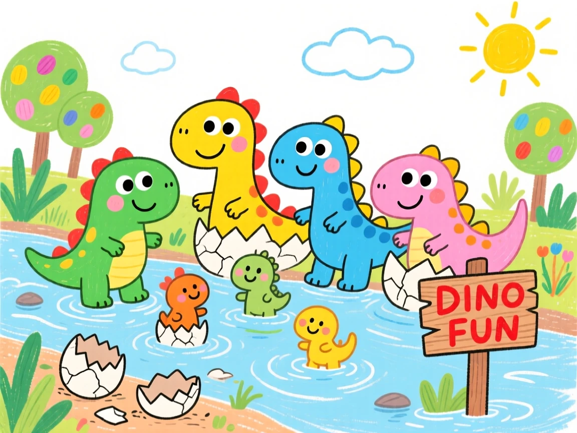 A friendly pack of young dinosaurs hatching from eggs wading through a shallow prehistoric river.