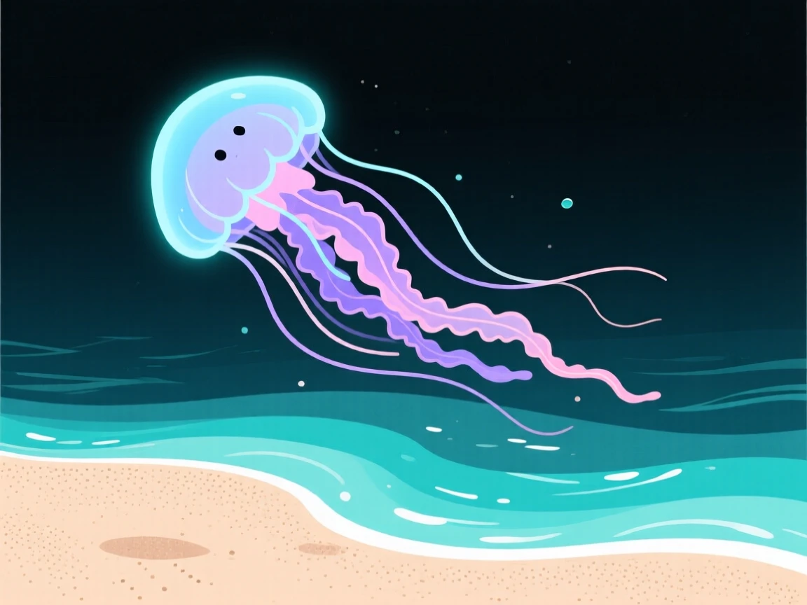 A jellyfish glowing softly as it drifts through dark water, positioned along a sandy beach with gentle turquoise waves, captured mid-motion with a dynamic diagonal composition, with a sense of playful curiosity captured perfectly.