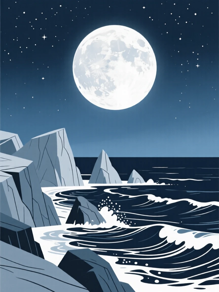 A dramatic full moon scene over a rugged coastline with waves crashing against the rocks.