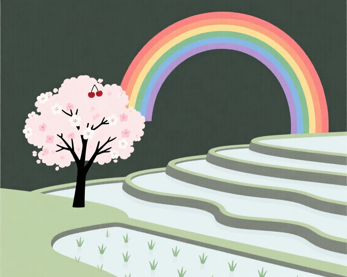 A cherry blossom tree, standing at the edge of a terraced rice paddy, with a rainbow arching overhead nearby, evokes serene isolation.