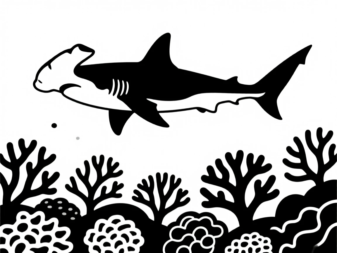 A hammerhead shark cruising above a coral reef.