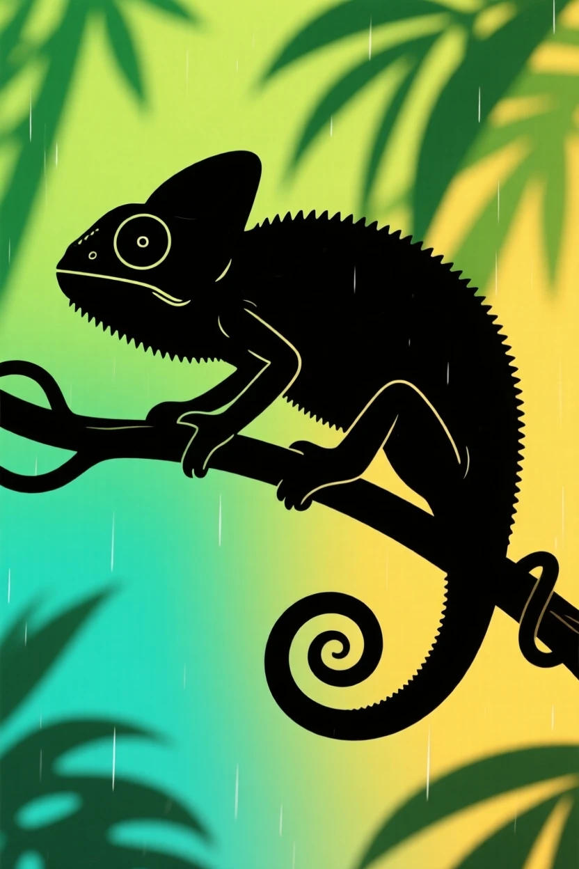 A chameleon perched motionless on a curling vine branch, one eye rotated forward.