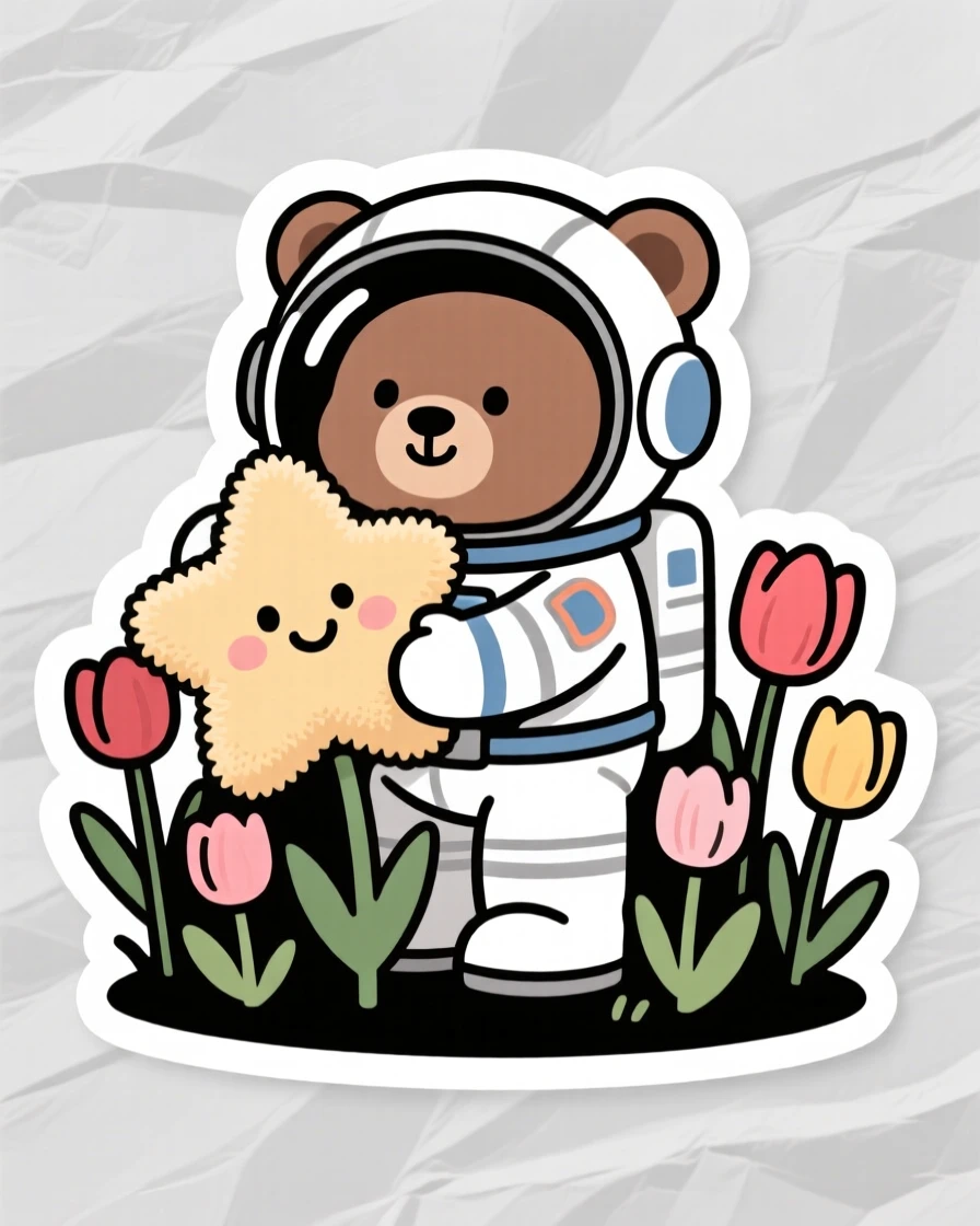 A content tiny astronaut bear hugging a plush star toy, in a garden full of blooming tulips.