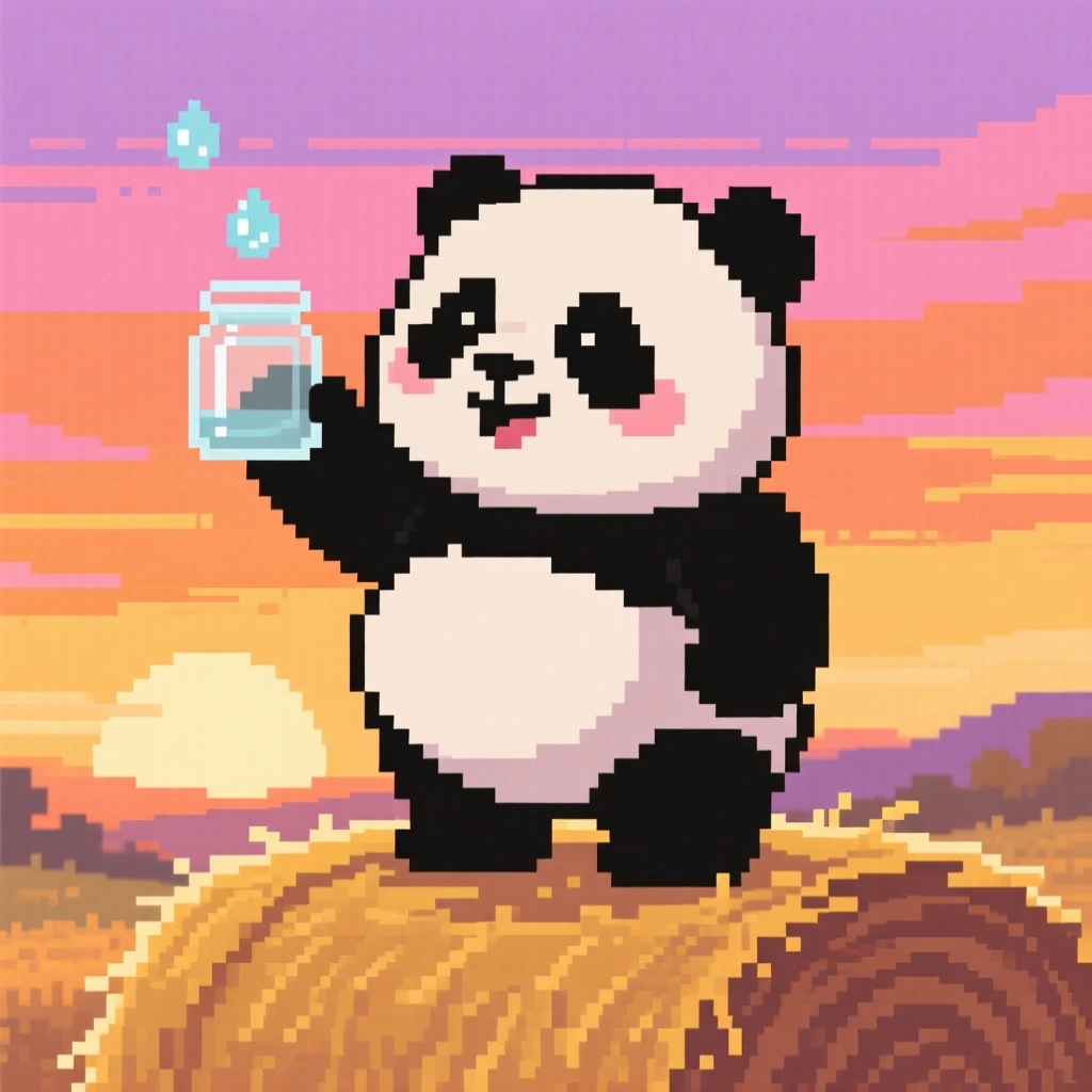 A chubby panda cub collecting dewdrops in a jar, on top of a haystack at sunset.