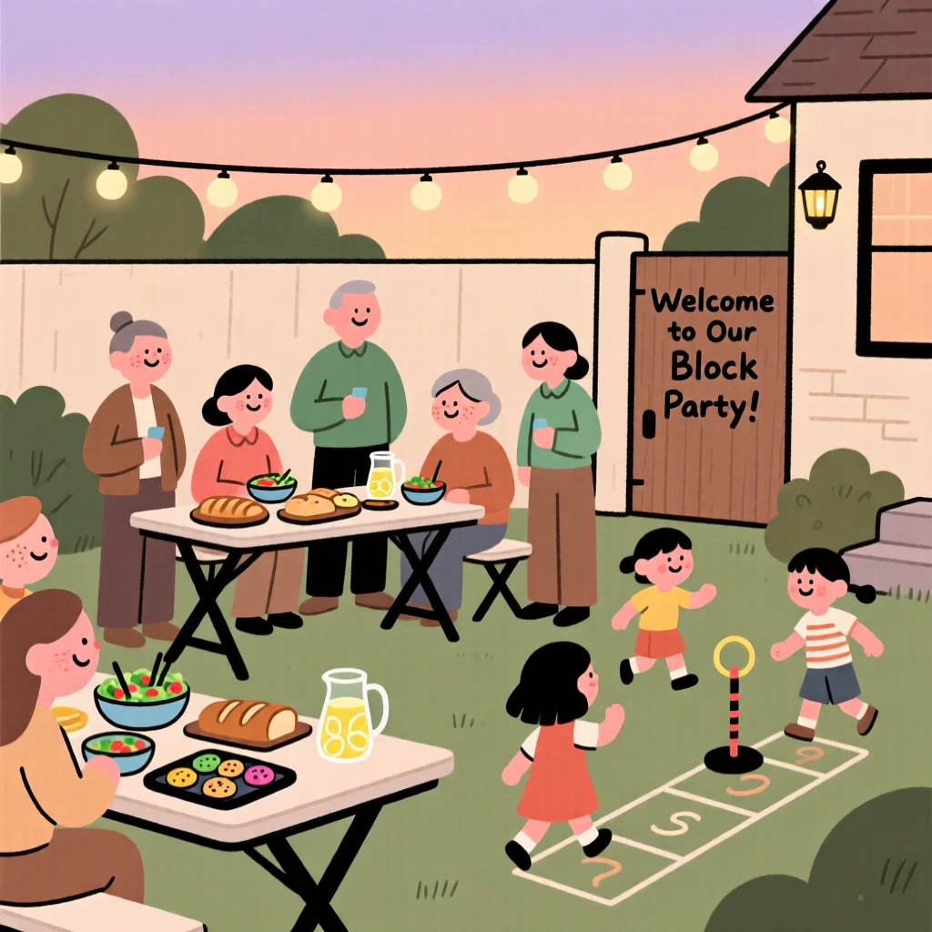 Neighbors gather for a block party in the backyard, sharing homemade dishes and conversation as children's games fills the warm evening air.
