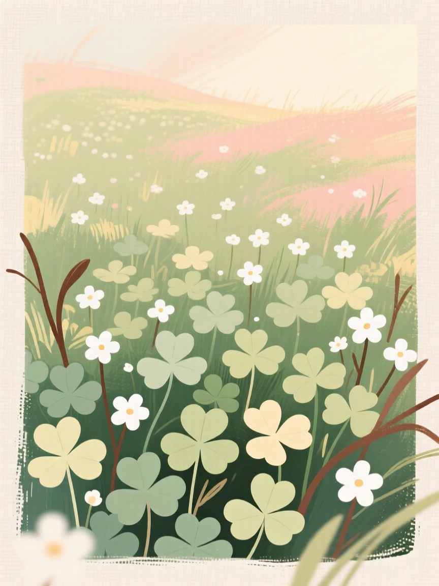 A meadow of clover dotted with small white flowers