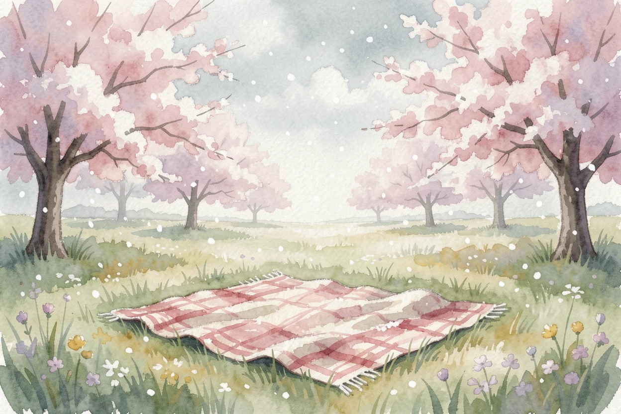 A spring meadow with a picnic blanket and blooming cherry trees with soft snow gently falling.