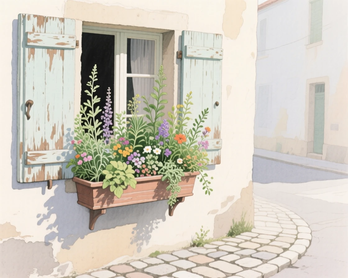 A window box overflowing with herbs and flowers frames a view of a cobblestone street below a shuttered cottage window