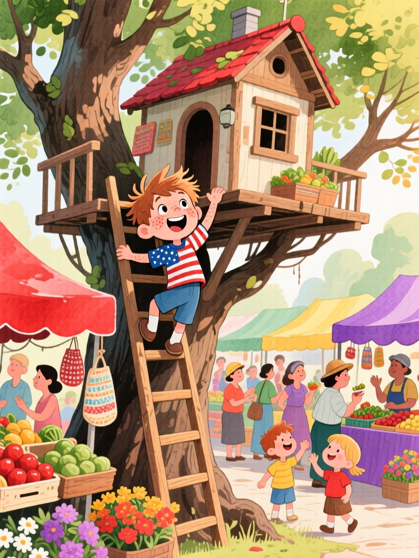 A little boy with freckles climbing a tree house ladder with excitement, in a farmers' market bustling with color, capturing the pure joy of childhood wonder.