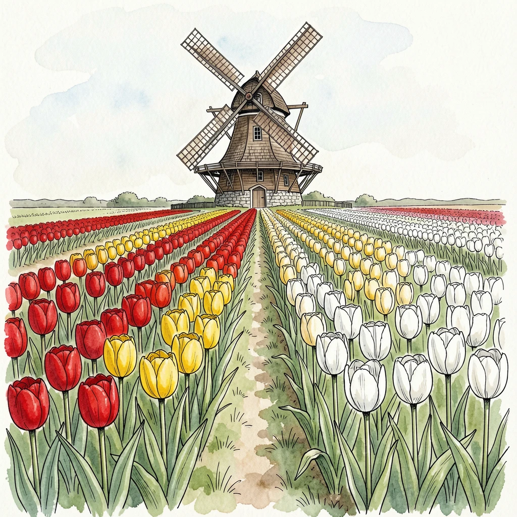 A field of tulips in neat rows of red, yellow, and white leading toward an old windmill
