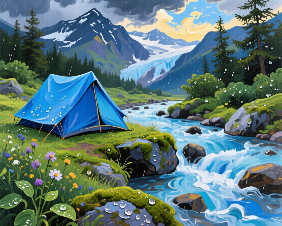 a small tent beside a glacial stream, just after a summer storm, with a clear foreground, subject, and distant setting.