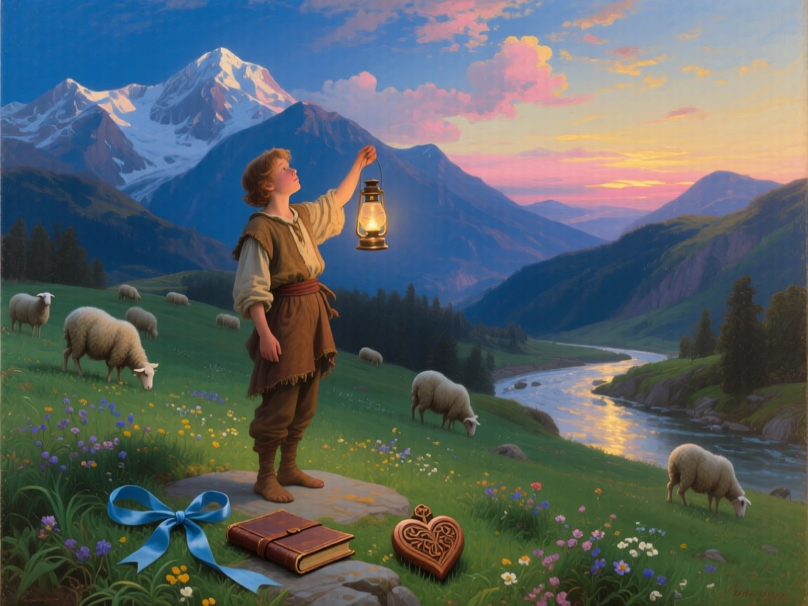 In a moment of shared silence, A young shepherd on an alpine meadow, raising a lantern toward an approaching dawn, surrounded by snowy peaks, grazing sheep, and a silver river far beneath the ridge; small personal details—a ribbon, a book, or a keepsake—rest nearby, the image feels tender and deeply human.
