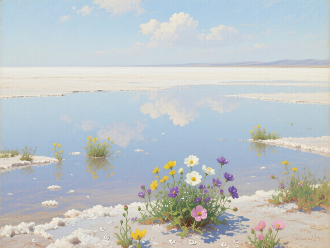 A mirror-like salt flat reflecting a perfect endless sky, with wildflowers scattered across the foreground, capturing the raw power and quiet majesty of untouched nature