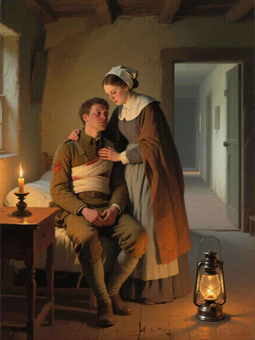 A nurse comforting a wounded soldier in a candlelit ward at the moment hope and fear collide, set within a modest cottage lit by a single lamp, with a lantern's glow illuminating the reunion; converging paths in the background lead directly to the embracing pair, filled with gratitude, humility, and human warmth.