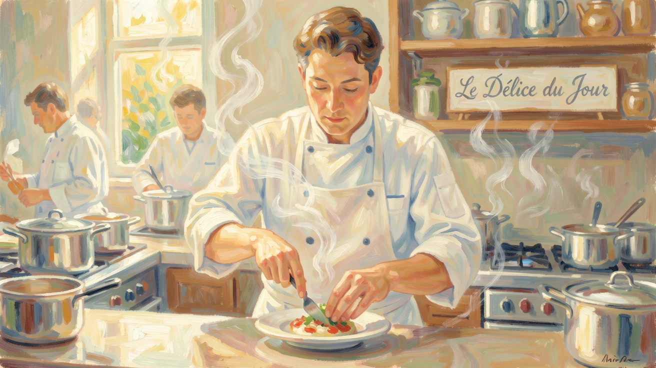 A chef garnishing a dish in a bustling kitchen, steam rising around focused, skilled hands.