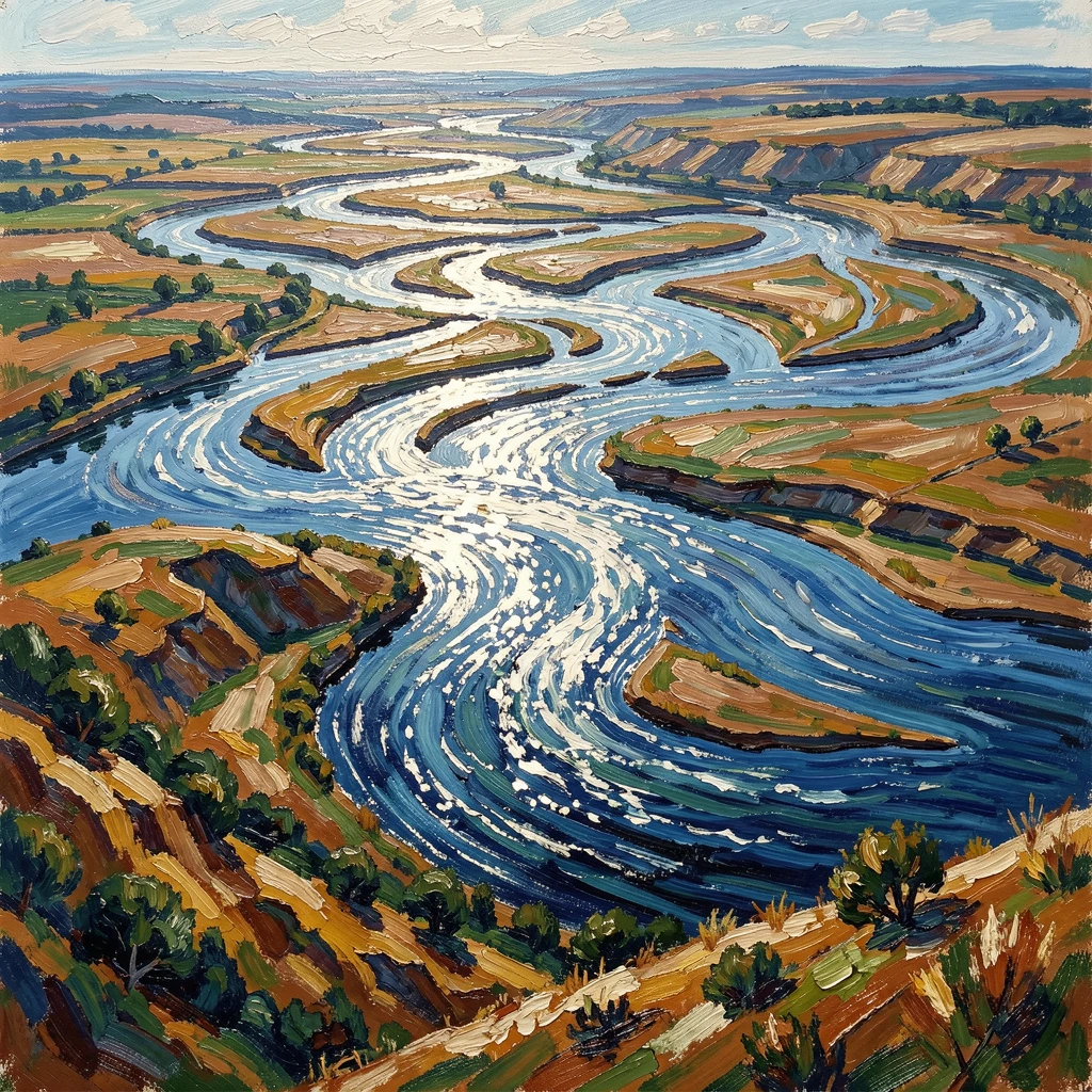 A wide river delta seen from a hillside, braided channels of water glinting silver in the sun.