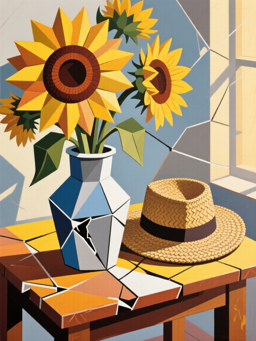 A vase of sunflowers beside a woven straw hat on a sunlit table.