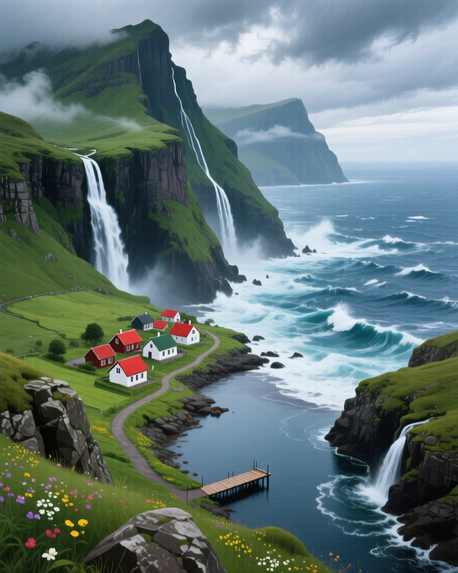 A dramatic aerial view over the Faroe Islands shows steep green mountains dropping straight into a stormy sea, waterfalls streaming off the cliff edges, and a tiny red-roofed village tucked into a fjord below.